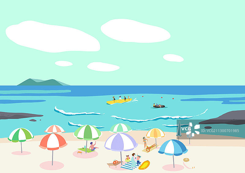 夏季海滩上的遮阳伞和水上乐趣图片素材