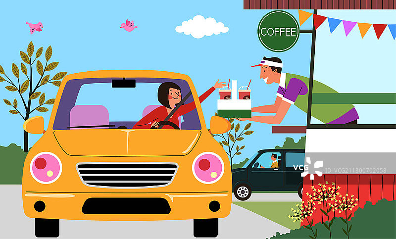 通过汽车餐厅购买咖啡的矢量插图图片素材