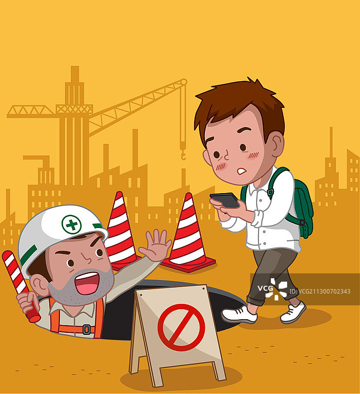 男人走路时看着手机，建筑工人提醒他图片素材