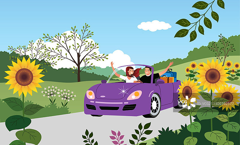 快乐情侣在公园里乘坐紫色敞篷车矢量插画图片素材