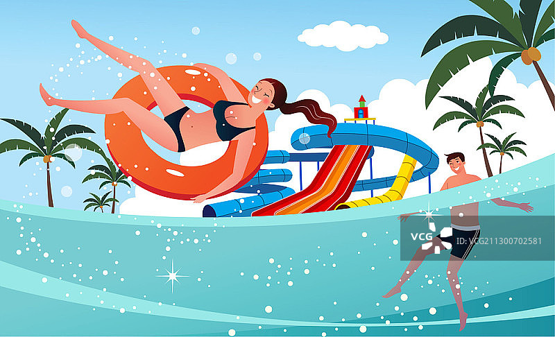 情侣在水上乐园玩耍矢量图图片素材