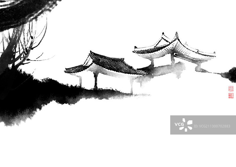 水墨画亚洲建筑与树木图片素材
