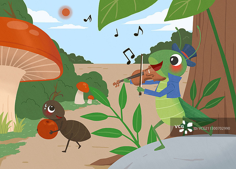 蚂蚁和蚱蜢的童话插画图片素材