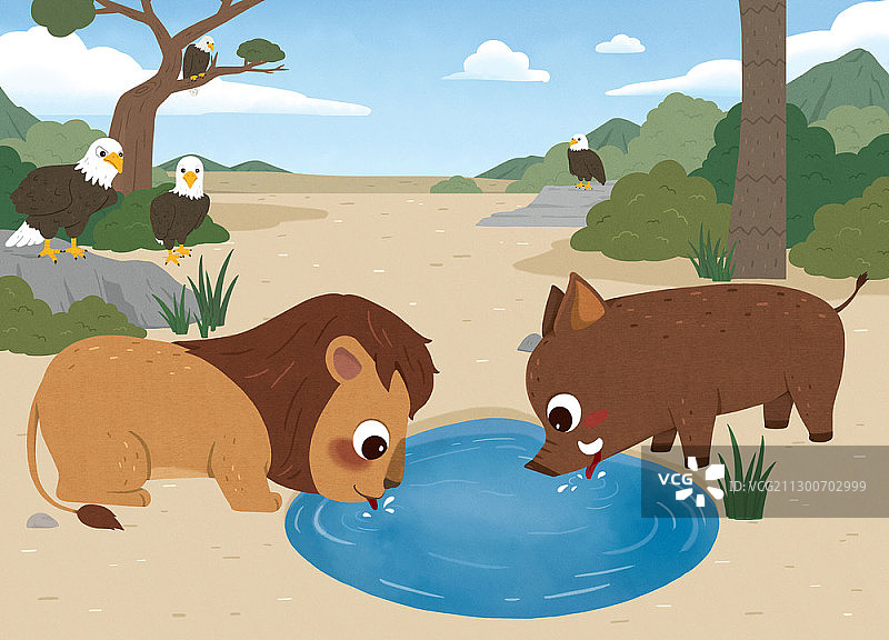 狮子和野猪的童话插画图片素材