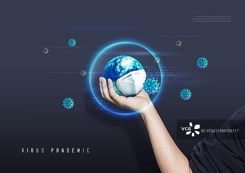 手持戴口罩的地球与病毒合成图图片素材