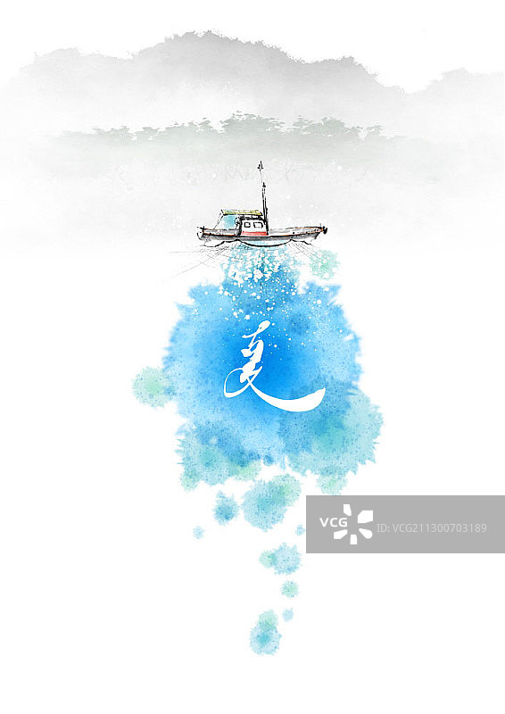 水墨渔船水边风景画图片素材