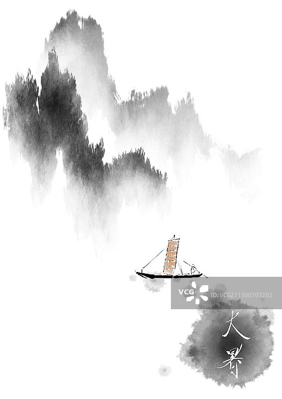 水墨画：渡轮与山脉图片素材
