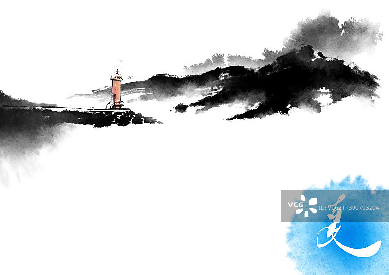 水墨画海边灯塔风景图片素材
