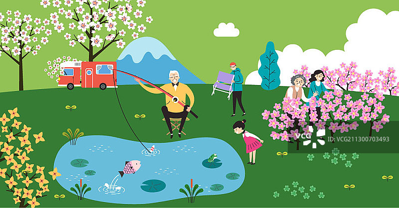 男女在樱花树下弹吉他，享受春夜图片素材