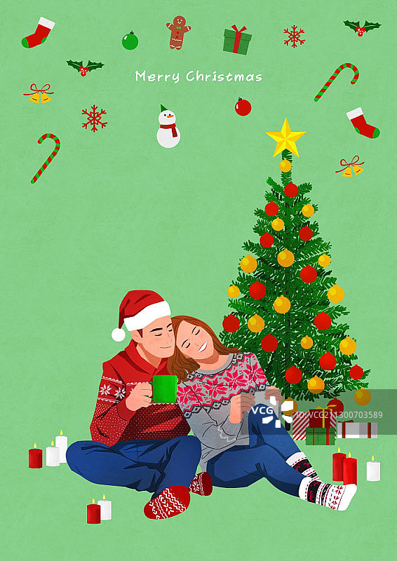 情侣在圣诞树前喝热茶图片素材
