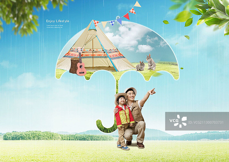 爸爸和孩子享受露营乐趣的合成图图片素材