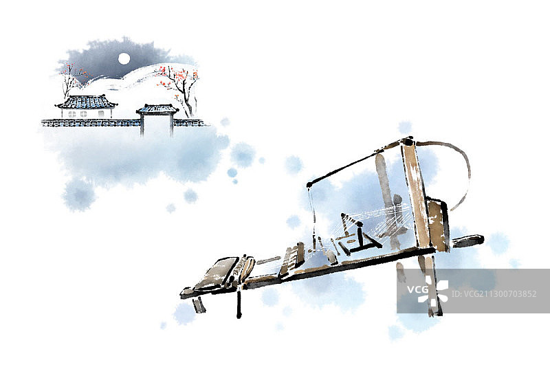 织布机和传统瓦屋顶房子图片素材