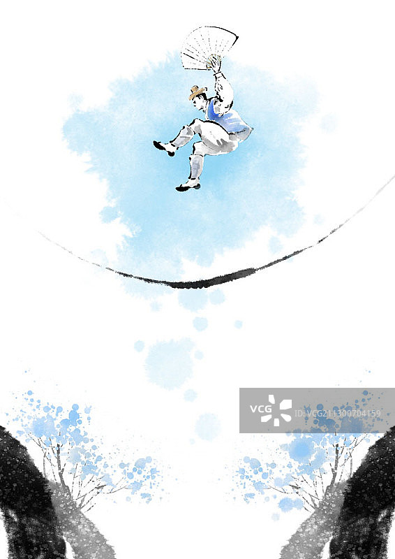 走钢丝者在绳子上跳跃（带扇子）图片素材