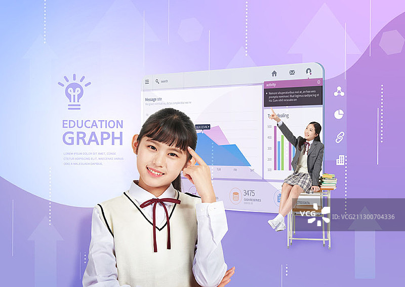 女孩坐在桌子旁，图表，女孩用手指触摸头部图片素材