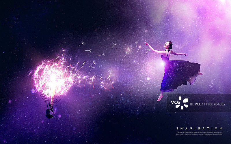 在太空中与蒲公英气球共舞的芭蕾舞女演员图片素材