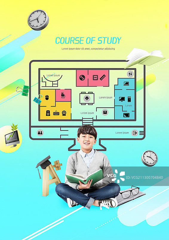 在电脑教育图标前的男孩图片素材