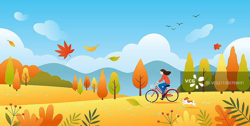 秋天一个女孩在户外骑自行车图片素材