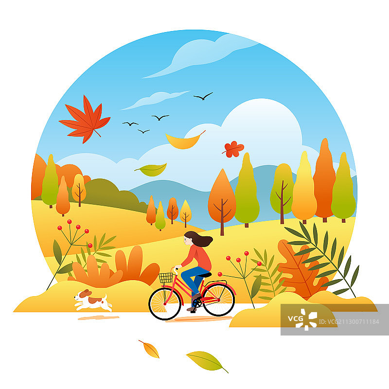 秋天一个女生在户外骑自行车图片素材