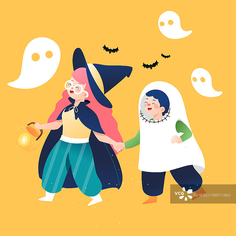 卡通万圣节鬼怪鬼屋城堡恶魔女巫儿童讨糖南瓜电商活动矢量插画图片素材