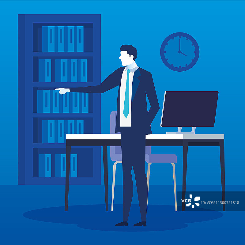 在有桌子和电脑的工作场所的商人图片素材