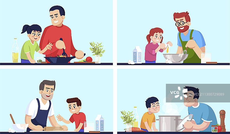 父亲和孩子们一起做饭图片素材