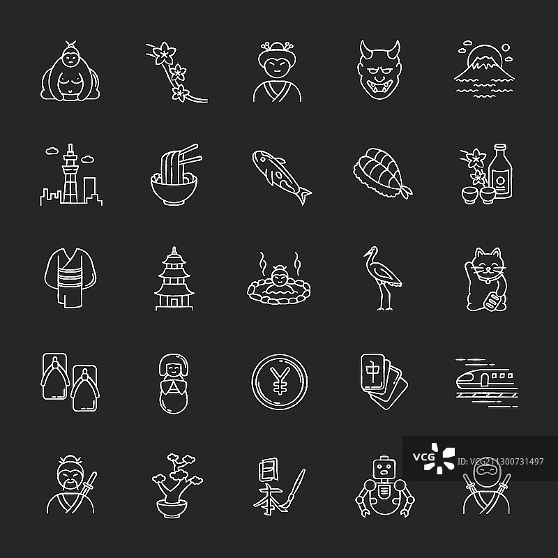 黑色背景上的日本粉笔白色图标集图片素材