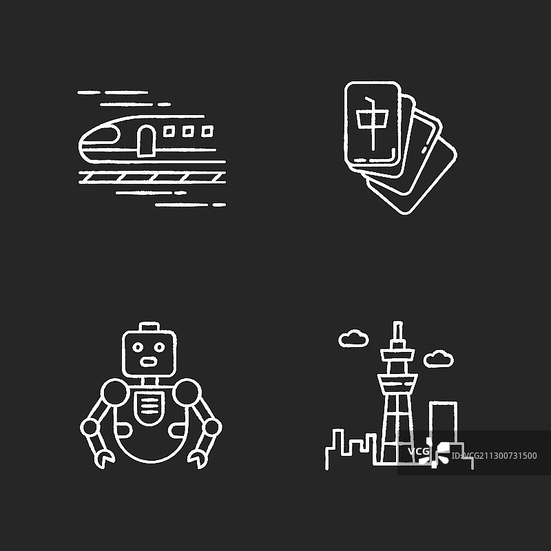 黑色背景上的日本粉笔白色图标集图片素材