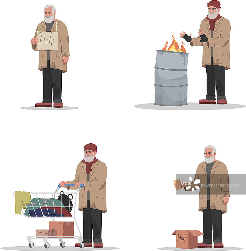 年长的白人流浪汉半扁平RGB颜色图片素材