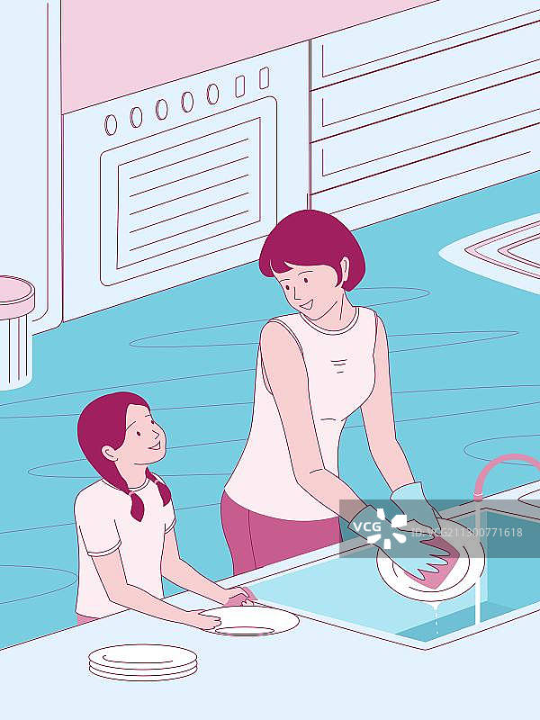 厨房母女一起洗碗矢量图图片素材