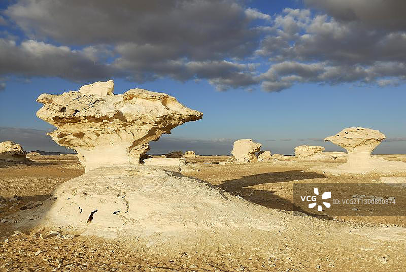 埃及法拉夫拉绿洲白色沙漠中蘑菇状的石灰岩地层图片素材
