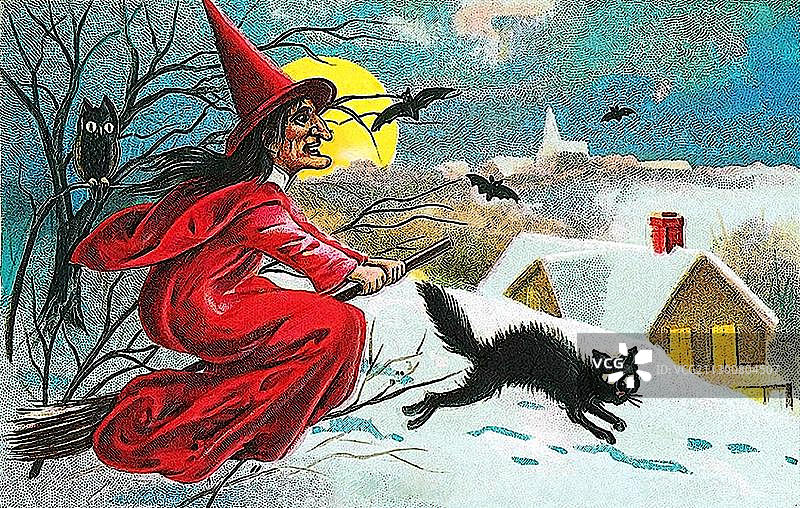 骑扫帚的女巫、黑猫、冬季景观、万圣节插画图片素材