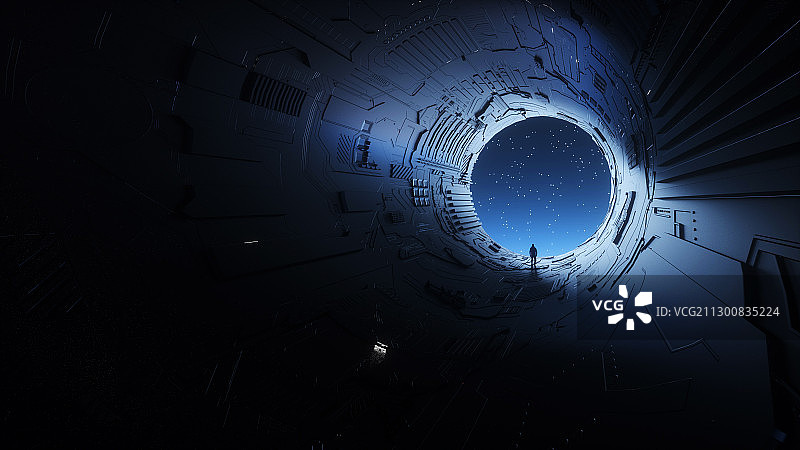 3D渲染站在科幻通道尽头的人望着远方的天空图片素材
