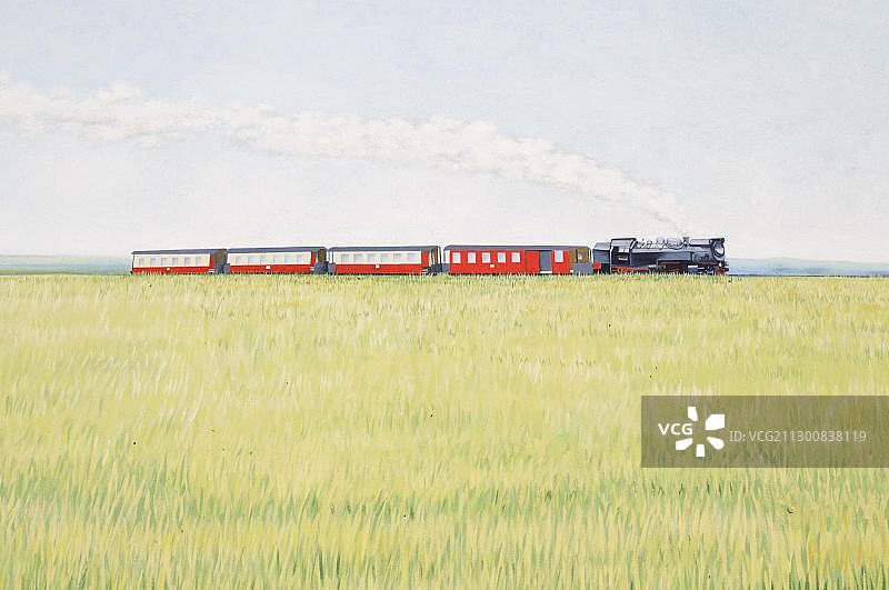 房屋墙壁上的蒸汽机车壁画图片素材