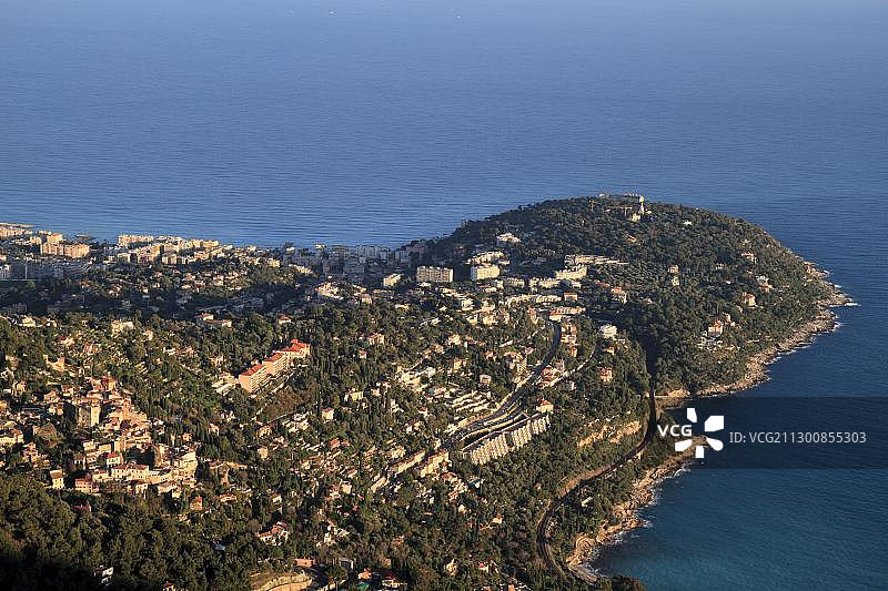从摩纳哥上方的格罗斯山上看到的罗克布吕讷卡普马丁,滨海阿尔卑斯省,普罗旺斯-阿尔卑斯-蓝色海岸大区,法国,欧洲图片素材
