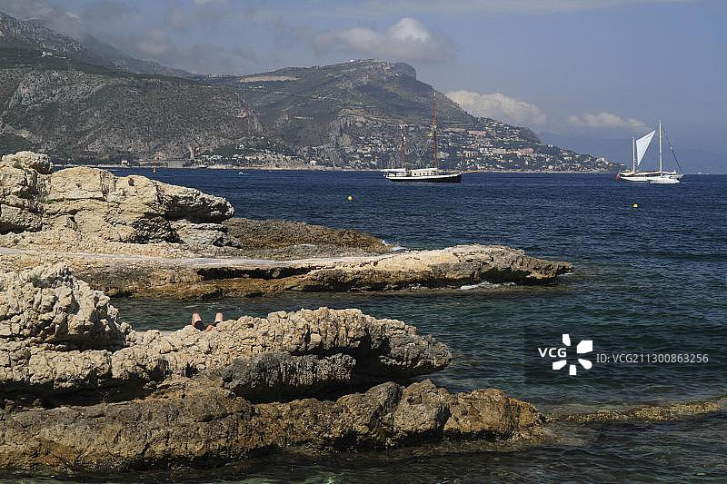 从费拉角看到的奇安山景色，摩纳哥山，滨海阿尔卑斯省，普罗旺斯-阿尔卑斯-蓝色海岸大区，法国，欧洲图片素材