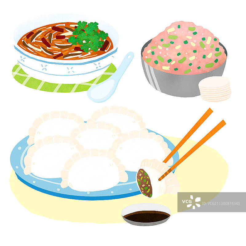 一盘水饺旁边放着包水饺的绞肉和酸辣汤图片素材