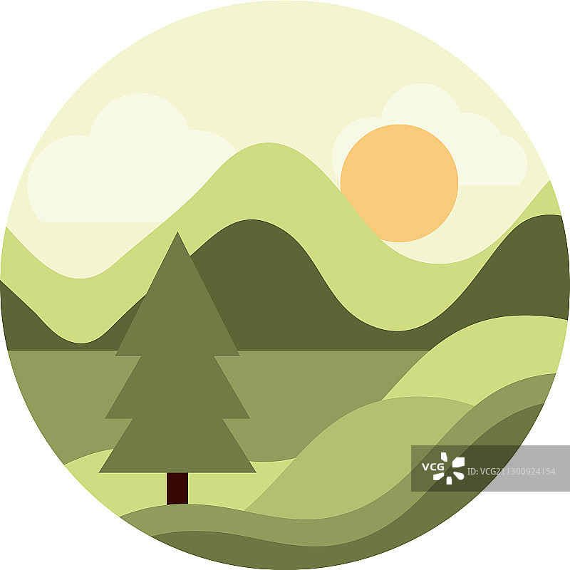 山水松树阳光扁平风格图片素材