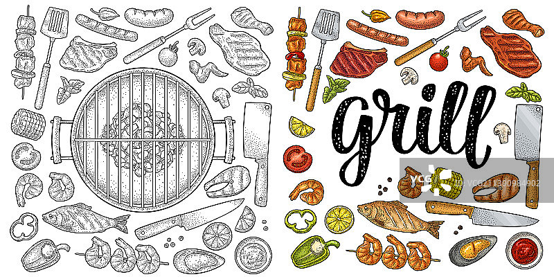 木炭烤肉串蘑菇烧烤架顶视图图片素材