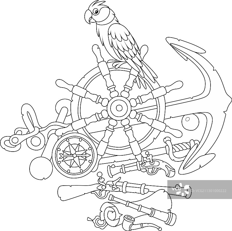 海盗鹦鹉旧船舵和船锚图片素材