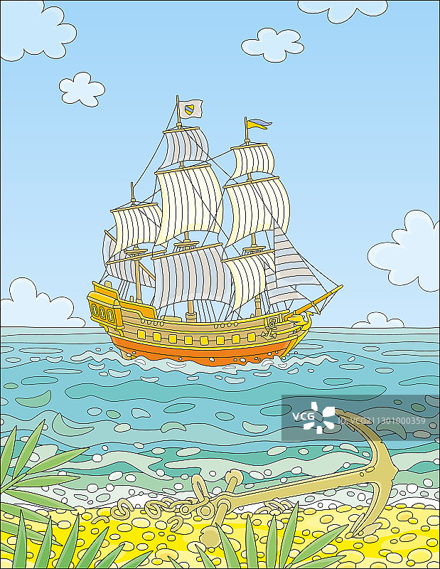 热带岛屿前的旧帆船图片素材