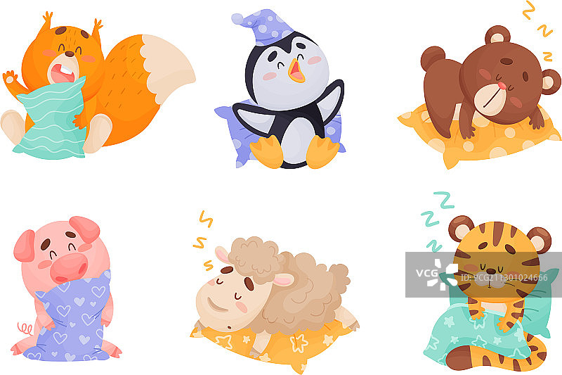 在枕头上睡觉的可爱卡通动物图片素材