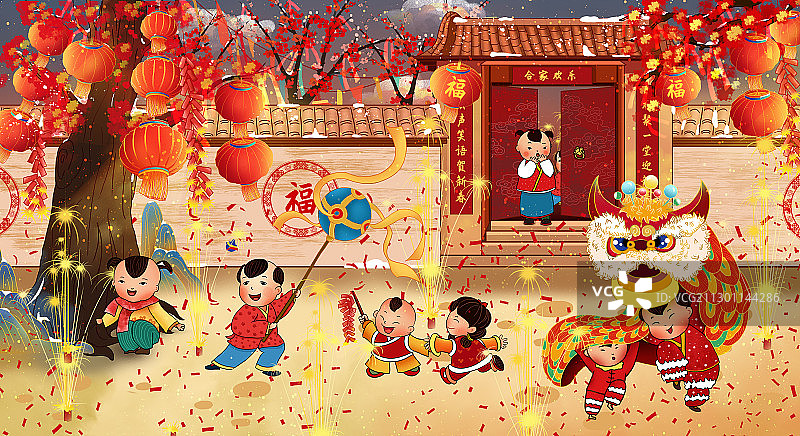 2021牛年春节年画一群孩子欢愉的舞狮放鞭炮图片素材