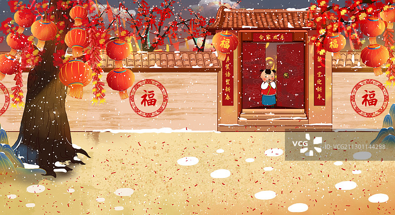 2021牛年春节年画小孩开门看着门口的雪图片素材