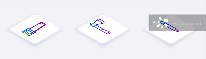 2.5D线条图案：手锯、木斧和铅笔图片素材