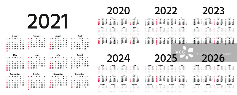2021年至2026年及2020年日历图片素材