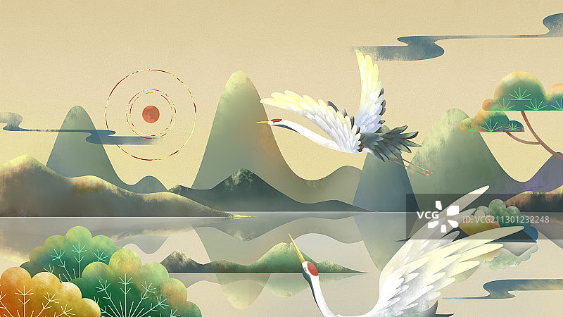 仙鹤和松柏，太阳与山水，唯美国潮风美景插画图片素材