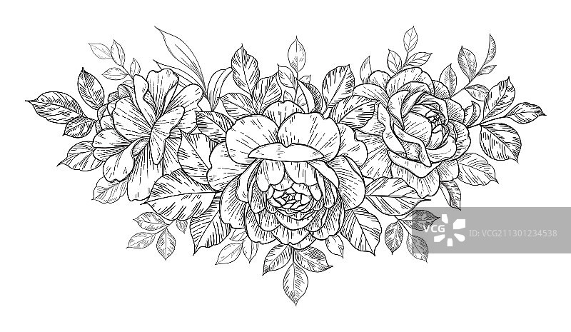手绘玫瑰花叶花束图片素材