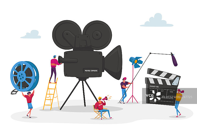 小人操作电影放映机图片素材