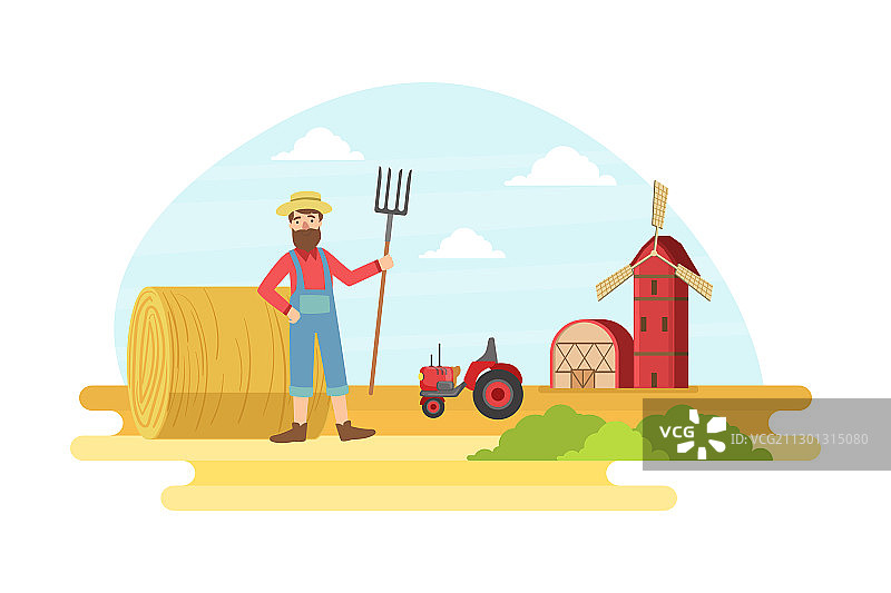 快乐的男性农民在夏天拿着干草叉图片素材