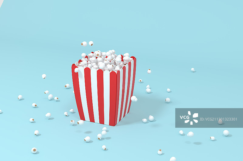 爆米花与蓝色背景 3D渲染图片素材